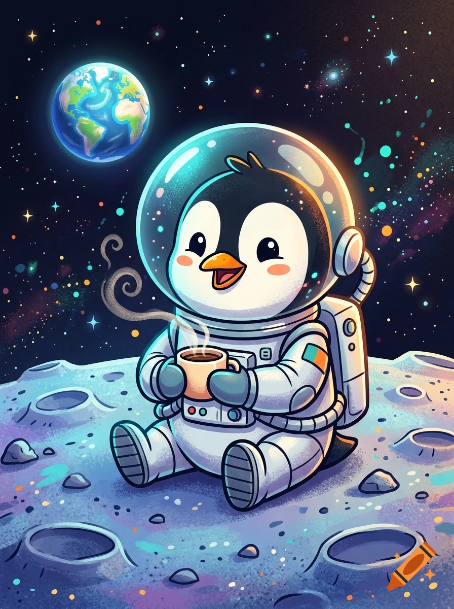 Cute cartoon penguin in a space suit drinking coffee on the moon, with Earth visible in the starry background.
