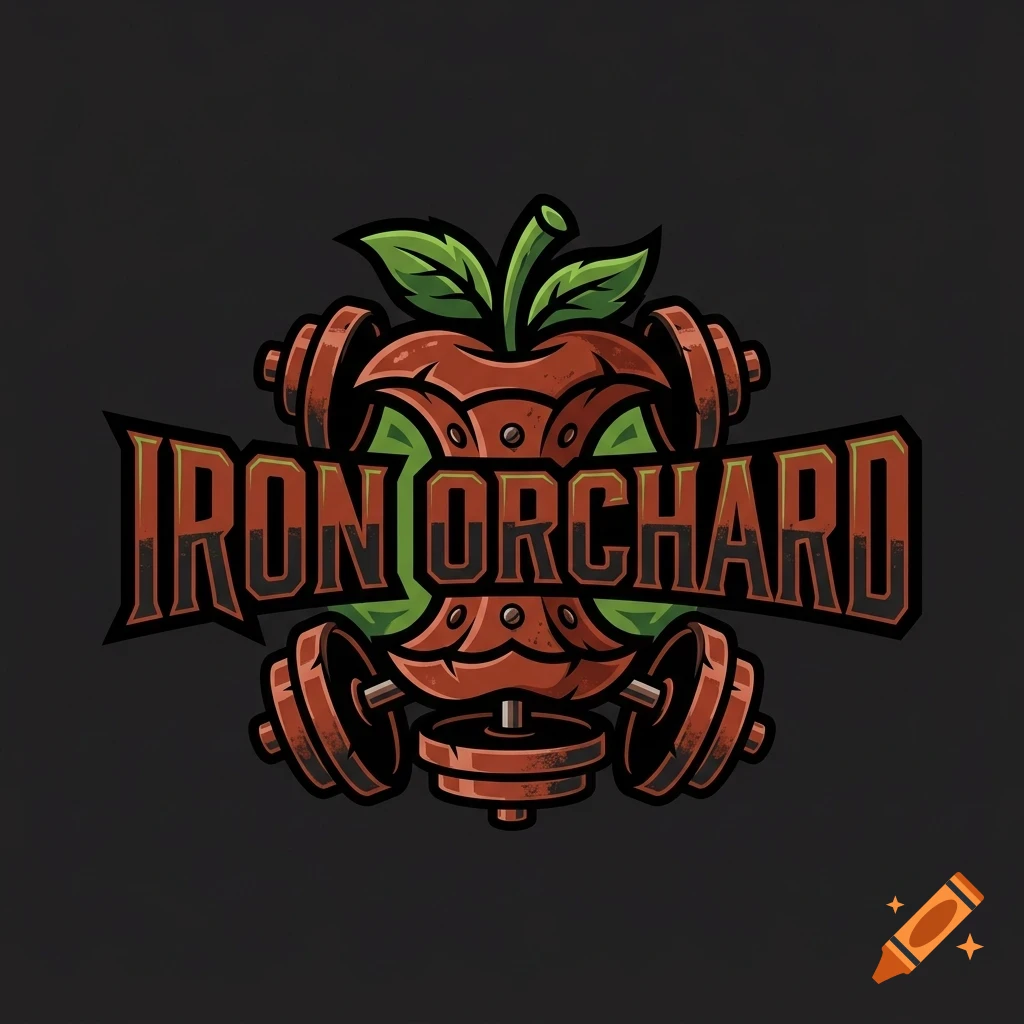 Logo featuring a stylized apple core combined with dumbbells and the text IRON ORCHARD against a dark background.