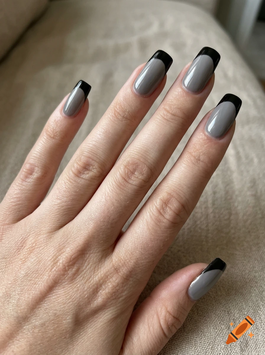 Close-up photograph of a hand showcasing french manicure with grey base and black tips.