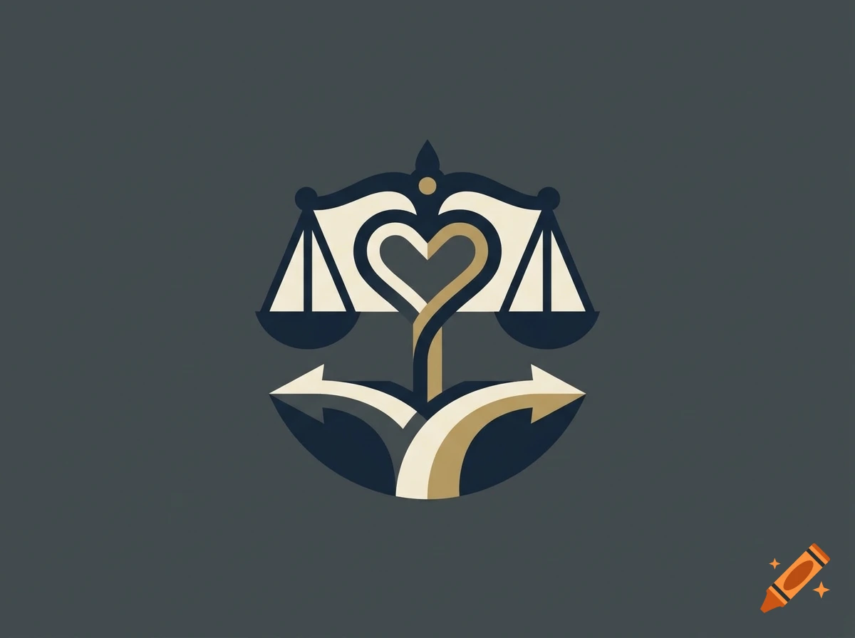 Minimalist vector logo of a scale of justice combined with a heart and arrows, in navy blue and cream on a grey background.