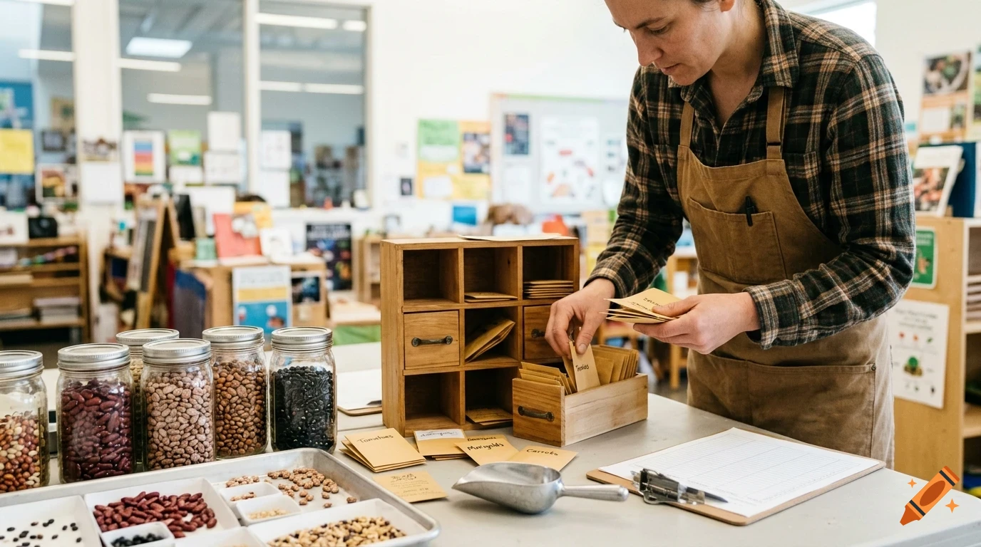 A person in a plaid shirt and apron sorts seed packets into a wooden cabinet surrounded by jars of beans and seeds.
