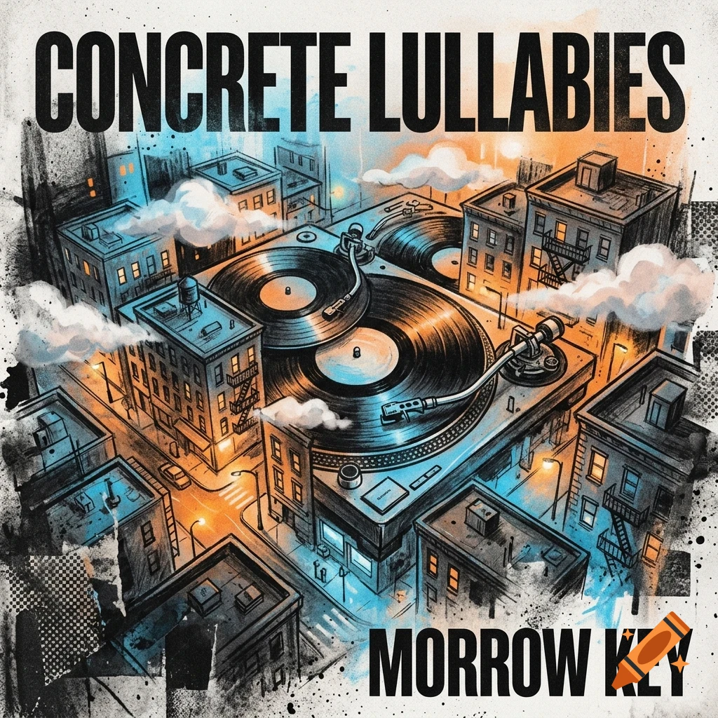 An illustrated album cover showing a DJ turntable integrated into a city street scene with buildings, vinyl records, and clouds, featuring the text CONCRETE LULLABIES and MORROW KEY.