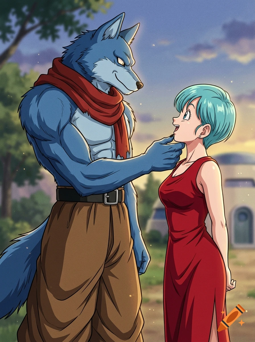 Anime cel-shaded illustration of a muscular blue wolf-man gently touching the chin of a smiling woman with short aqua hair in a red dress.