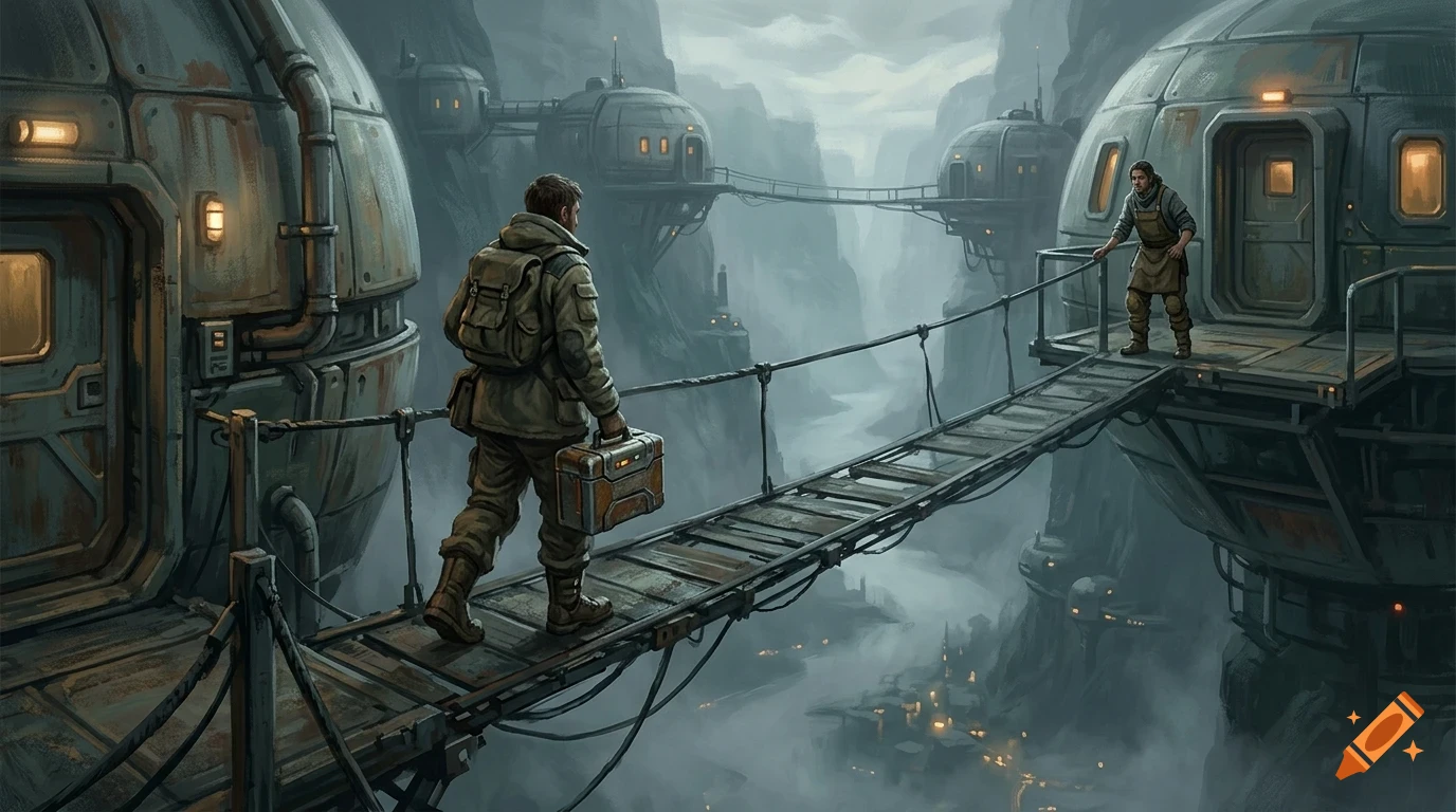 Two people in futuristic outfits walk across suspension bridges connecting spherical modular buildings in a canyon settlement.