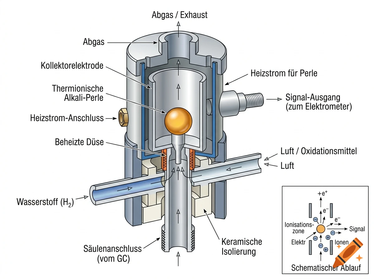 Detailed technical diagram of a Nitrogen-Phosphor-Detector with German labels and a schematic inset.