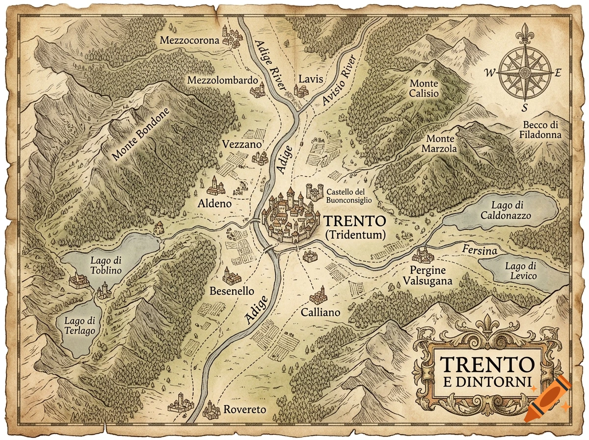Detailed fantasy map of Trento and surrounding valley on aged parchment with sepia ink.