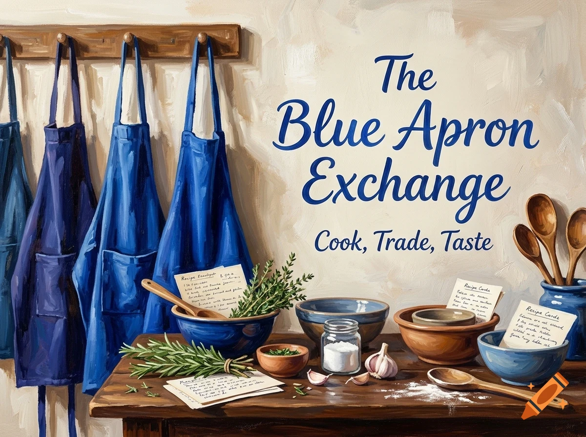An oil painting of blue aprons hanging on a wooden rack above a wooden kitchen counter filled with bowls, herbs, garlic, and recipe cards.