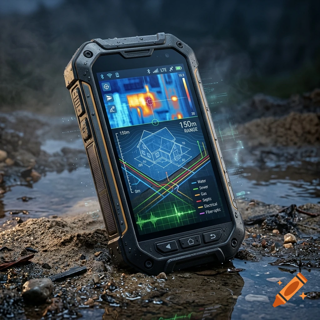 Rugged handheld thermal locator device with a digital screen displaying blueprints and utility lines, set outdoors on muddy ground.