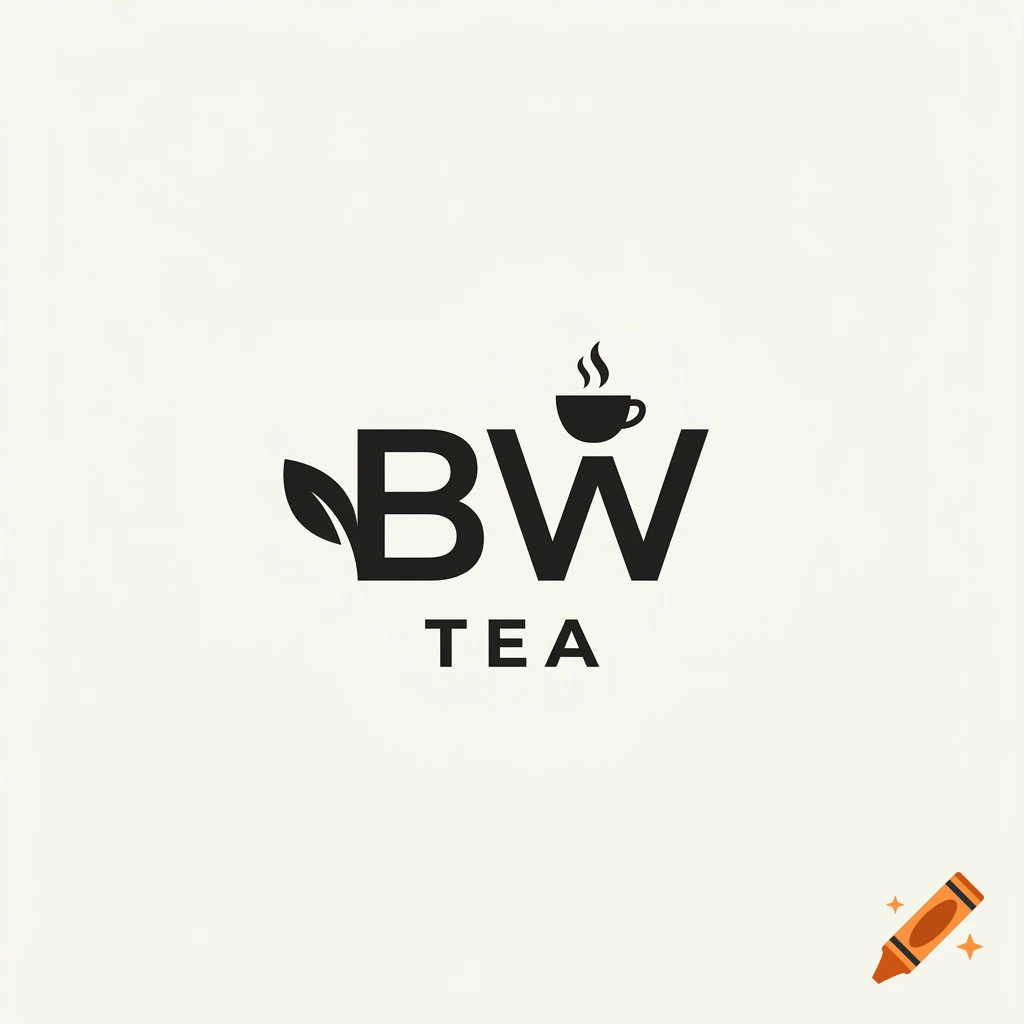 Minimalist black logo with the letters BW and TEA, featuring a leaf and a coffee cup.