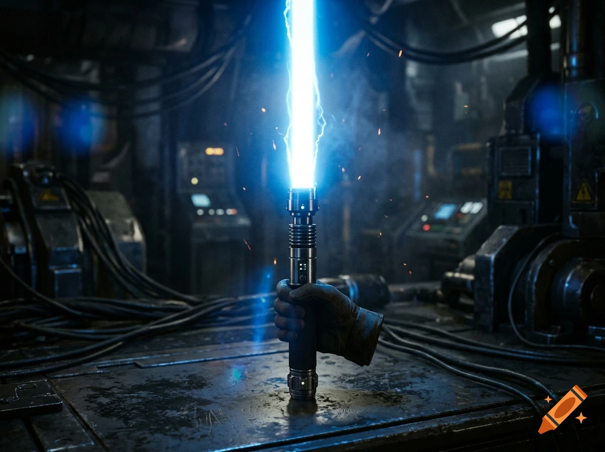 Photorealistic close-up of a glowing blue plasma sword hilt being held in a gloved hand inside a metallic industrial workshop.