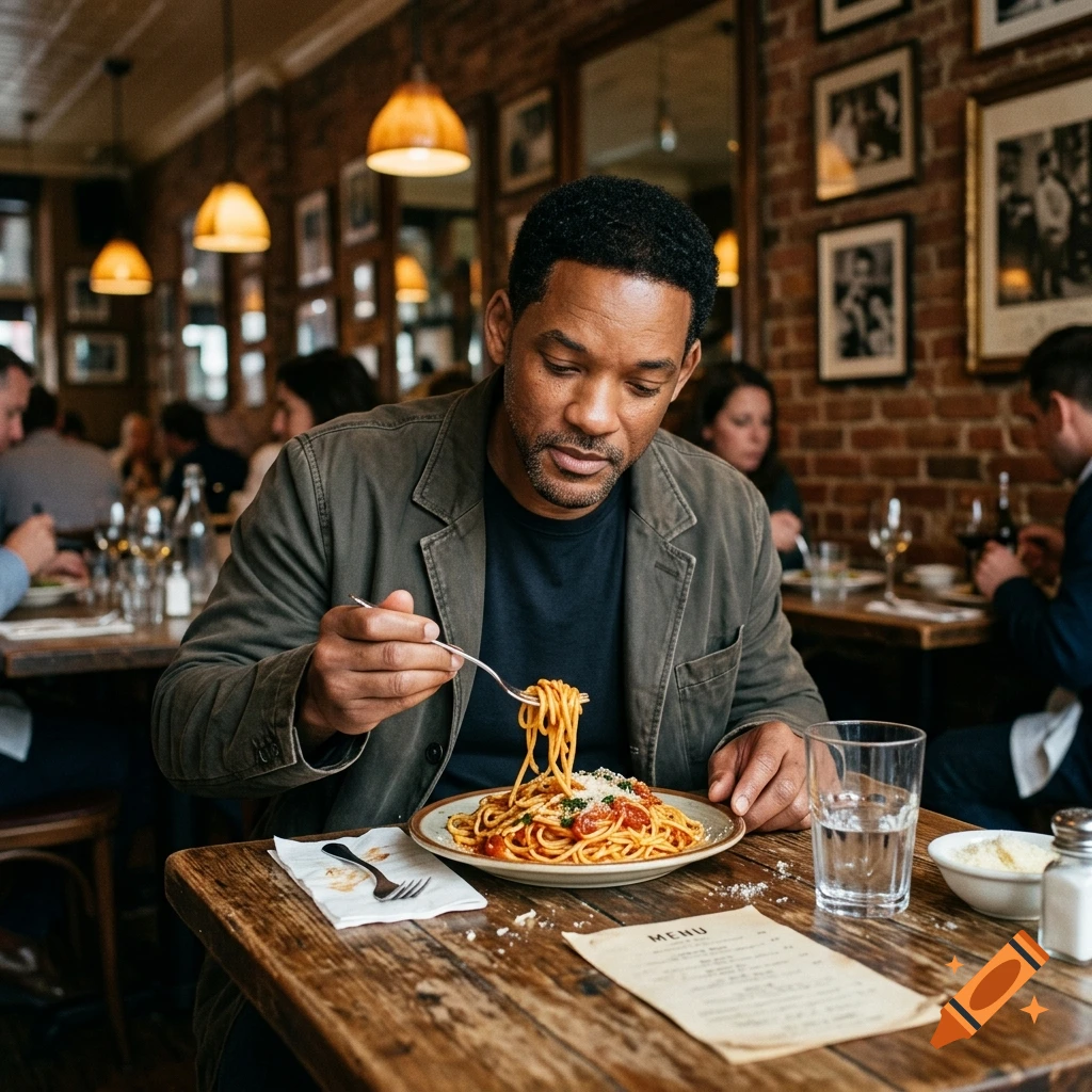 Photorealistic image of Will Smith eating spaghetti with a fork at a wooden restaurant table.