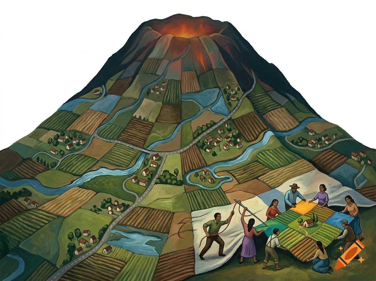 An illustration of a large volcano covered in quilted agricultural fields, with people sewing the quilt at the base.