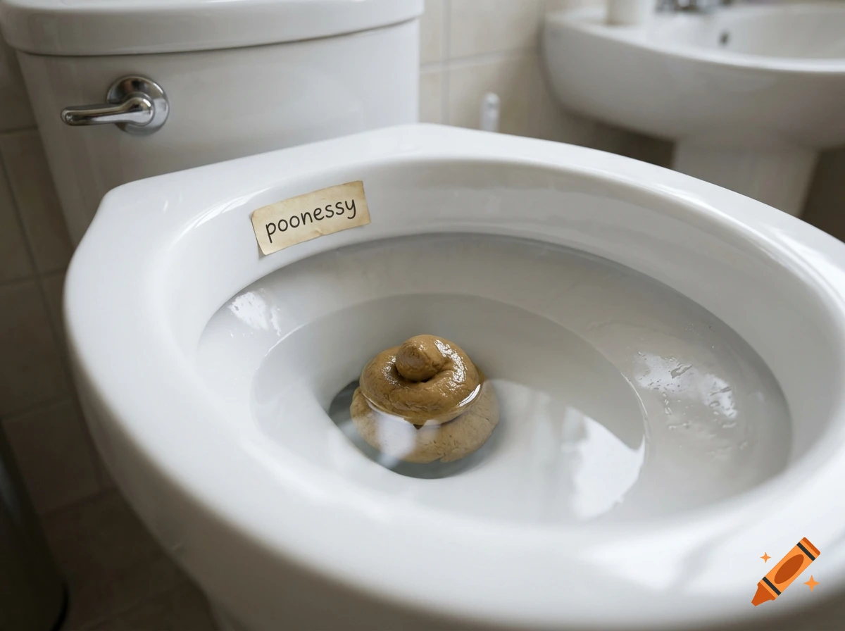 A photorealistic close-up of a toilet bowl containing a piece of poop with a small sticky note reading 'poonessy'.