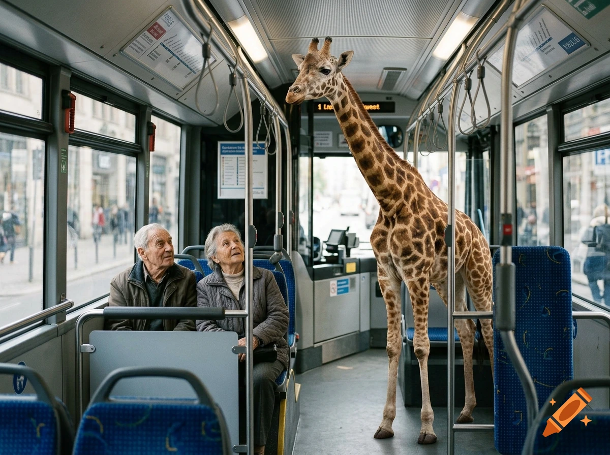 Photorealistic image of a giraffe standing inside a bus while two elderly people sit nearby looking at it.