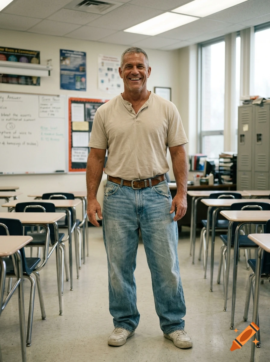 Full-body photorealistic portrait of a smiling middle-aged man standing in an empty high school classroom.