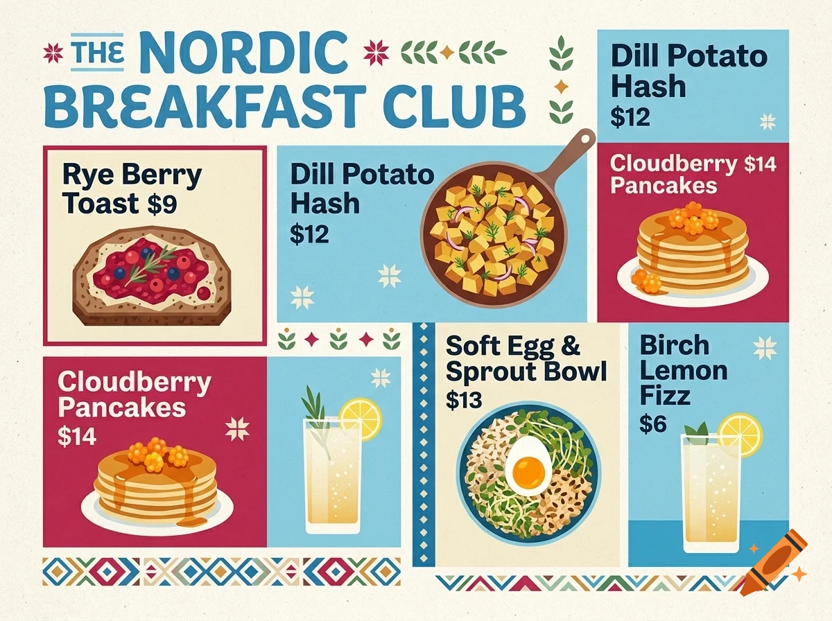 A colorful vector menu poster for The Nordic Breakfast Club featuring various dishes like Rye Berry Toast and Cloudberry Pancakes.