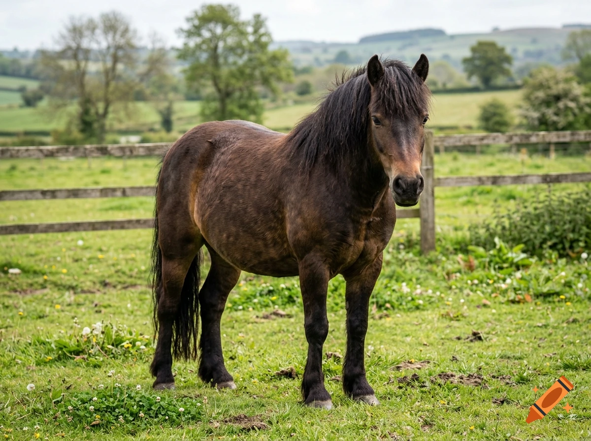 Photorealistic image of a dark brown horse standing in a grassy paddock with a wooden fence and trees in the background.