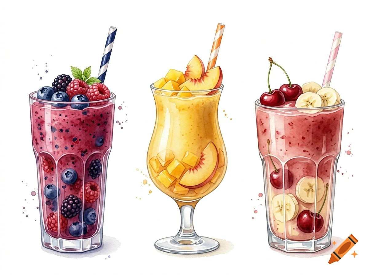 Watercolor painting of three distinct smoothies in glasses with straws, featuring mixed berries, mango, and cherry banana.