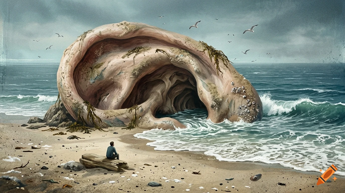 A person sitting on a log on a sandy beach looks out toward a massive, ear-shaped cliff formation at the ocean's edge under a cloudy sky.