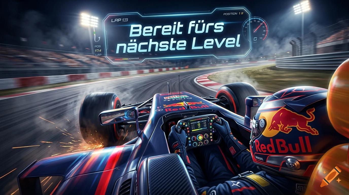 Cockpit view of a Formula 1 race car speeding on a track at night, with digital HUD overlay and Red Bull branding.