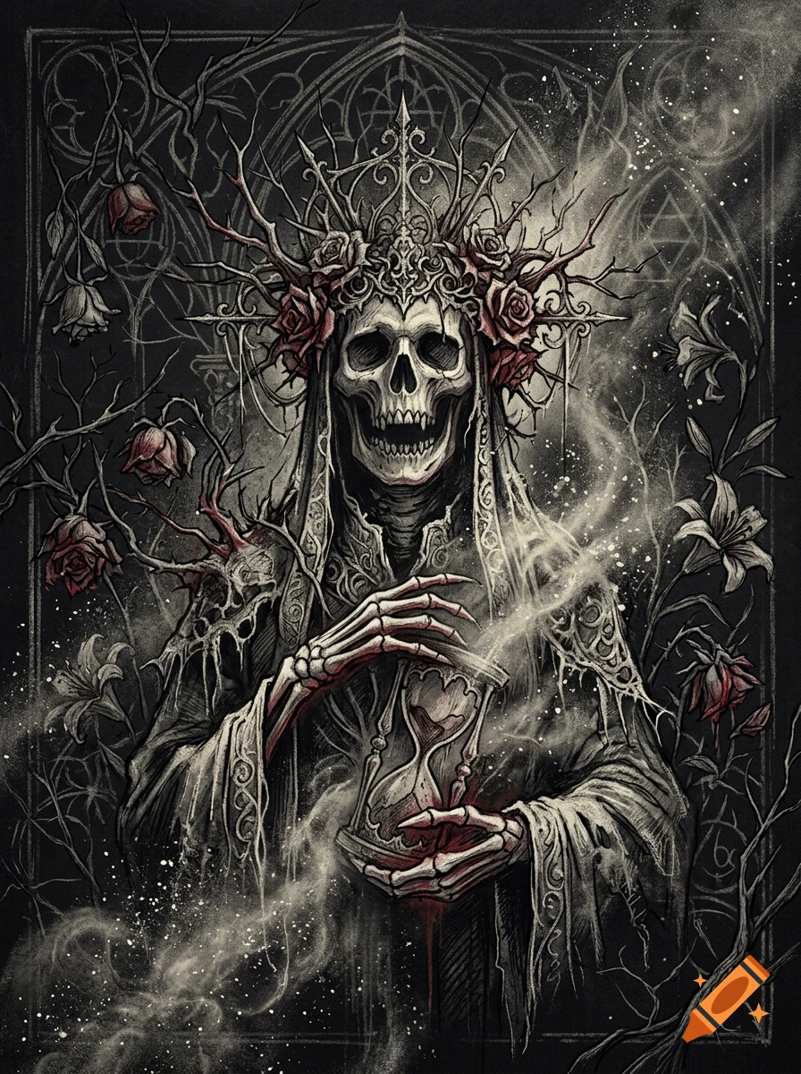 Stylized chalk illustration of a skeletal figure wearing a crown of roses and holding an hourglass.
