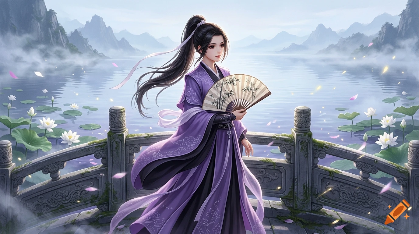 Digital illustration of a young female xianxia disciple in purple and black robes holding a bamboo fan on a bridge over a lotus lake.