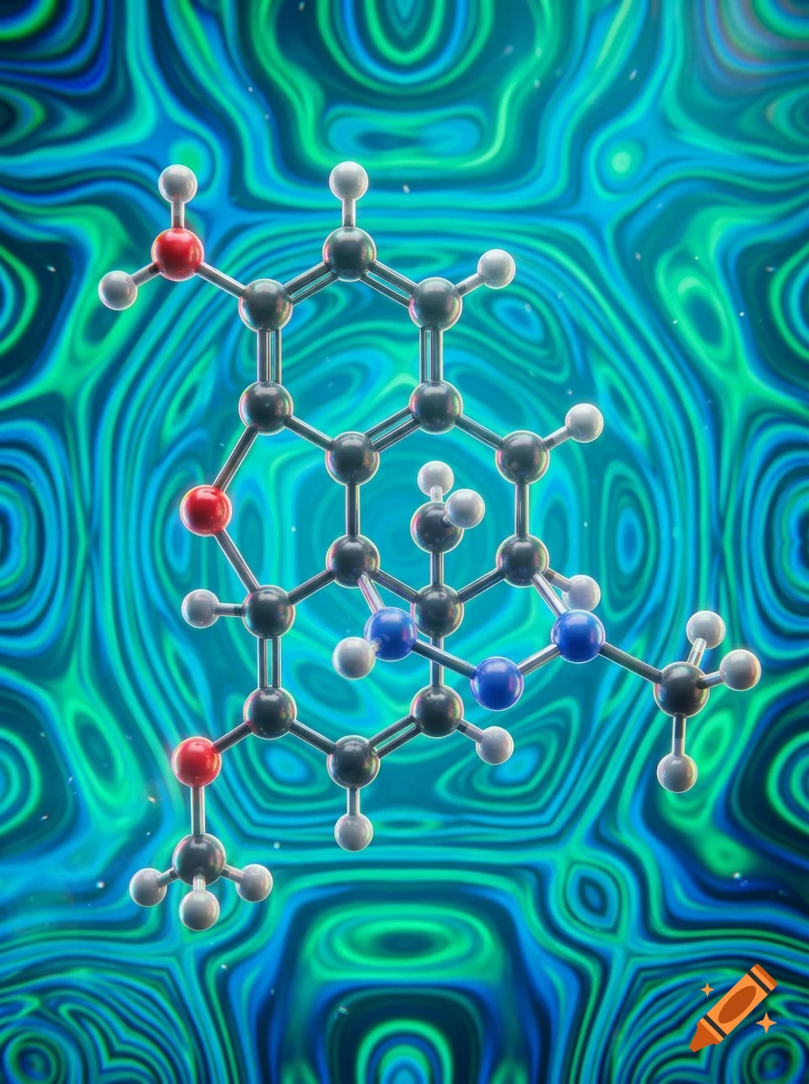 A 3D ball and stick molecular model against a swirling psychedelic blue and green background.