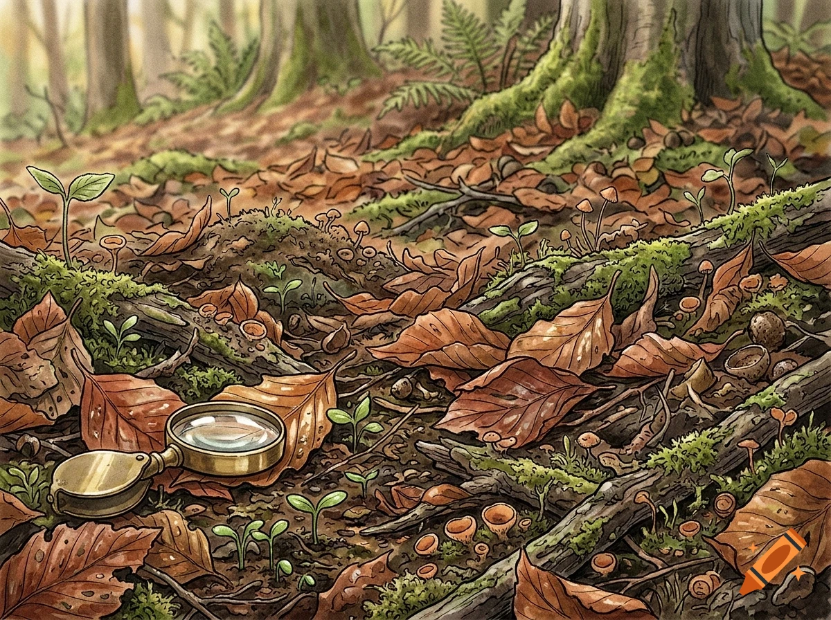 A close-up illustration of a forest floor covered in fallen brown leaves, mossy branches, tiny green sprouts, small mushrooms, and a brass magnifying glass.