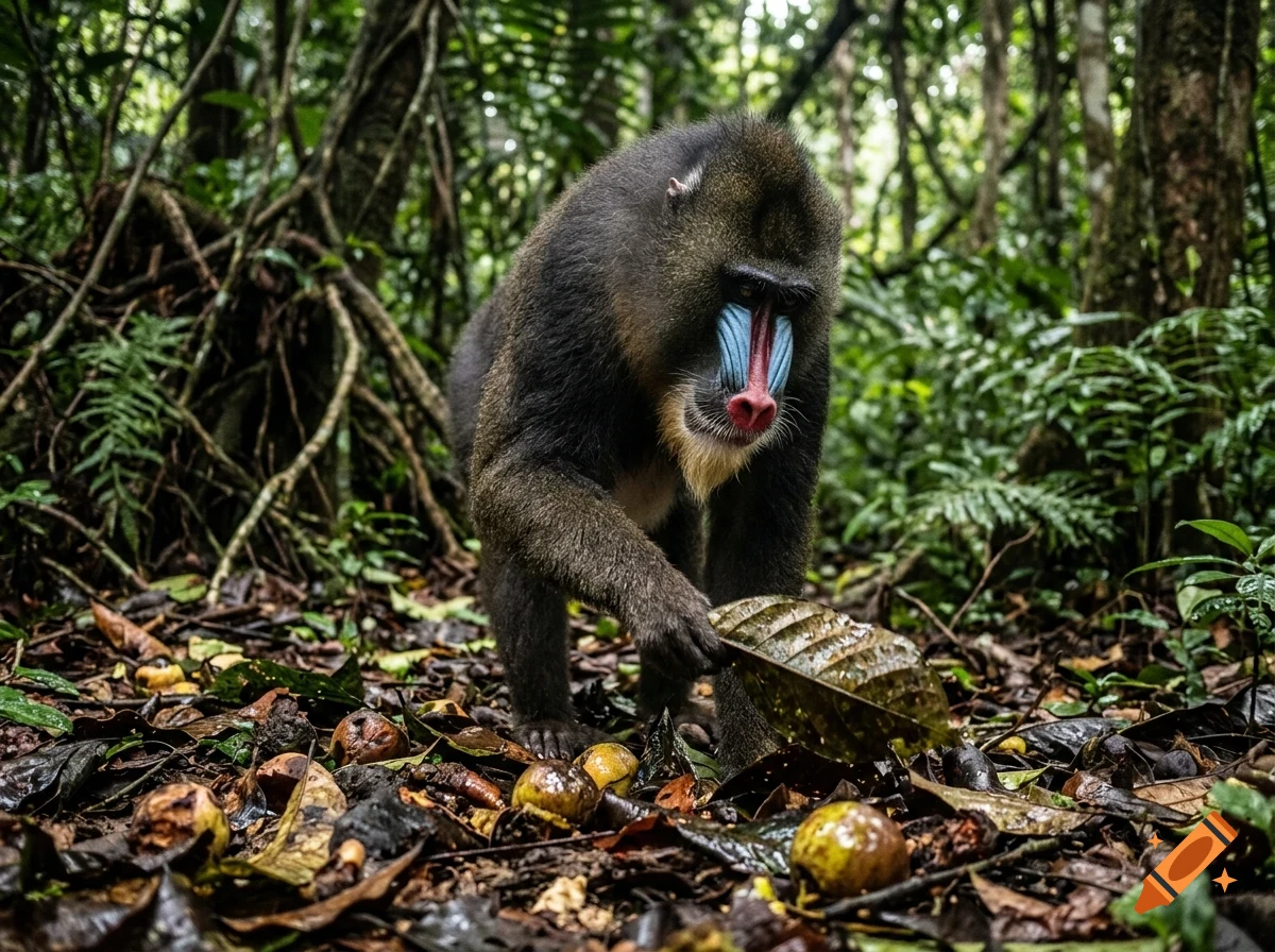 A mandrill forages on the leafy floor of a dense jungle.