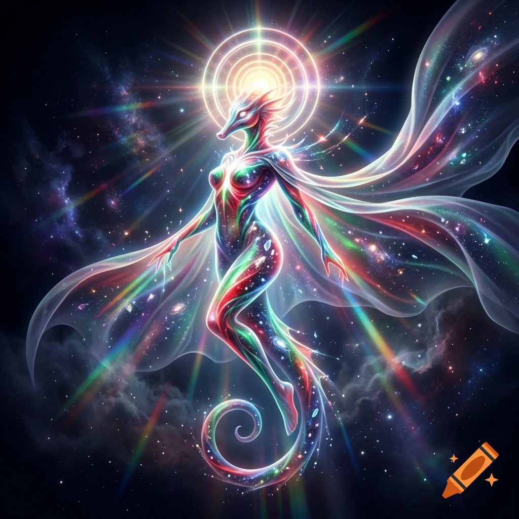 An abstract, glowing cosmic goddess with a seahorse-like build, halo, and translucent flowing cape against a star-filled galaxy background.