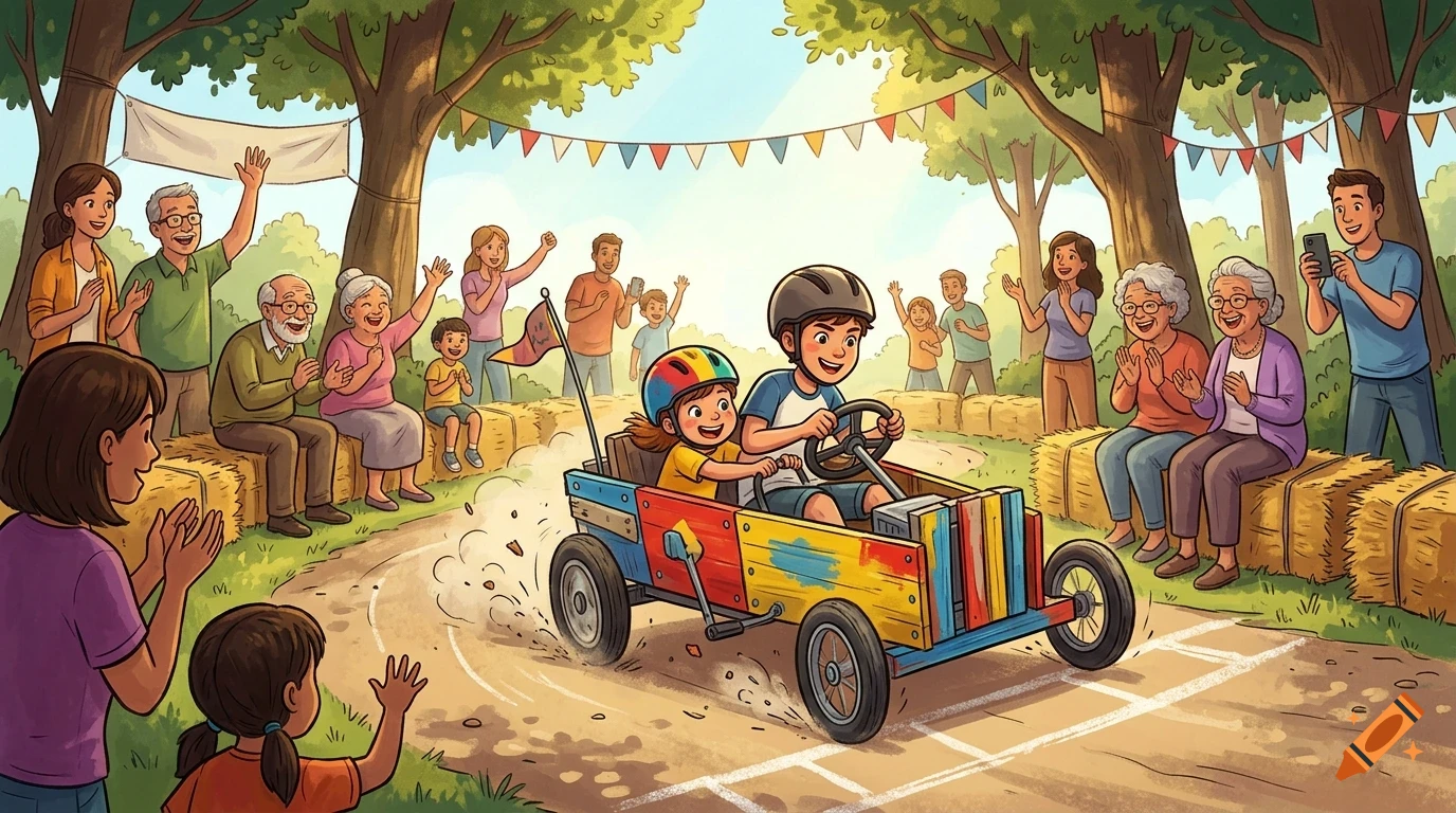 Children driving a homemade soapbox car in a race while family and friends cheer along the track.
