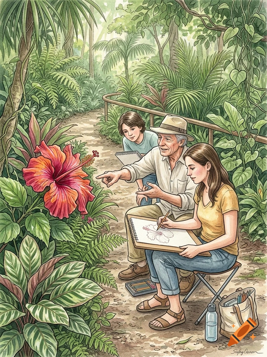 An older man pointing at a large hibiscus flower while a young woman draws it on a sketchpad and a boy watches in a lush garden.