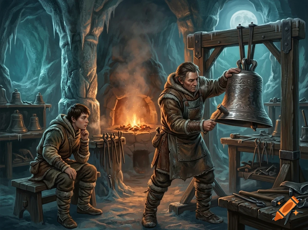 An older craftsman working on a large bell in a snowy workshop while a younger person watches.
