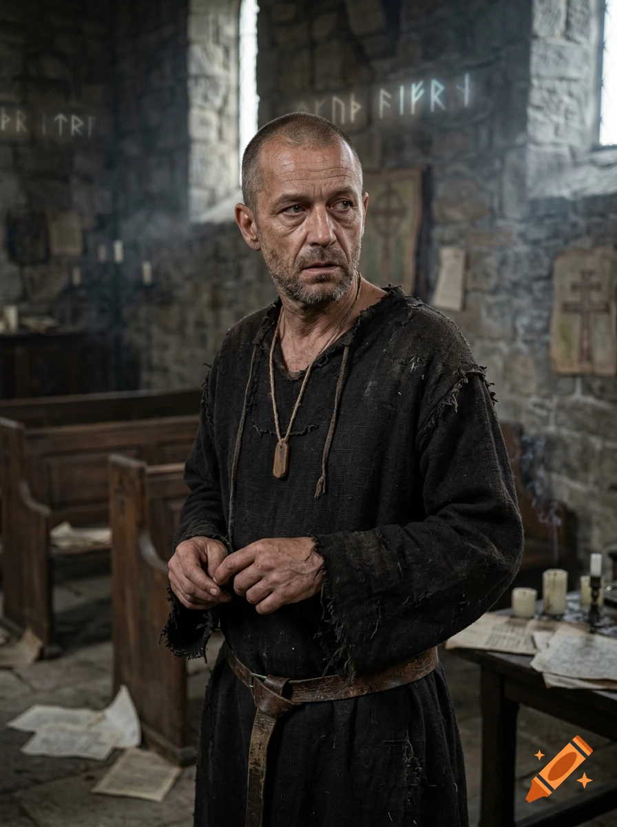 Photorealistic medium shot of a middle-aged male lay priest with shaved hair and dark ragged tunic inside an old stone church.