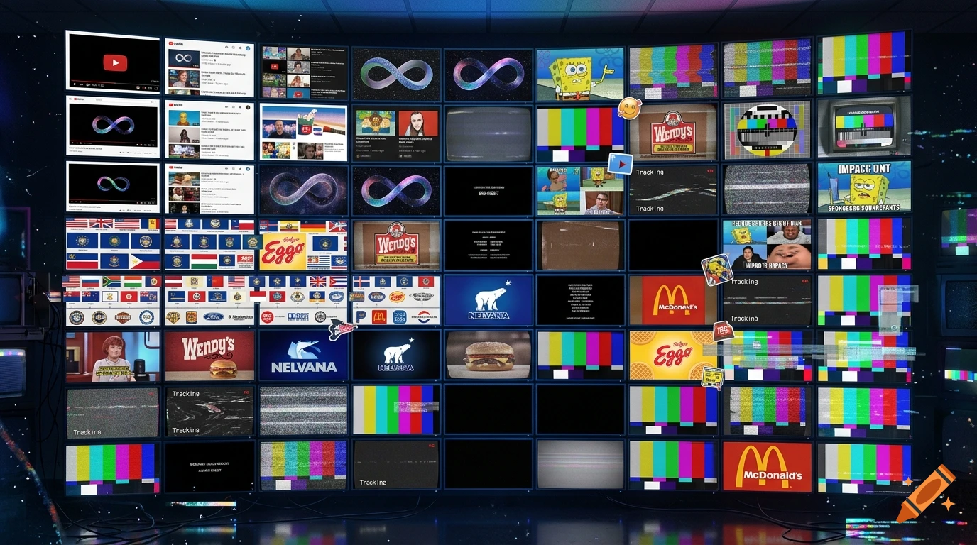 A large curved wall of multiple television screens displaying various videos, test patterns, logos, and memes.