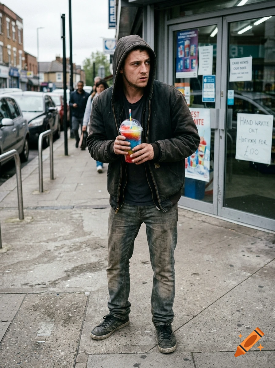 A man in a hooded jacket standing on a city sidewalk while holding a colorful slushie drink, photorealistic.