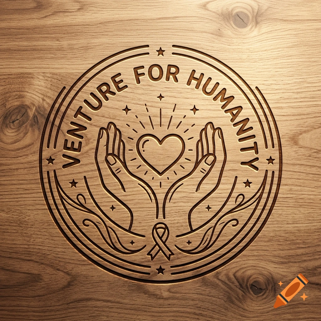 Engraved wooden circular logo with hands holding a heart, a ribbon, and the text 'VENTURE FOR HUMANITY'.