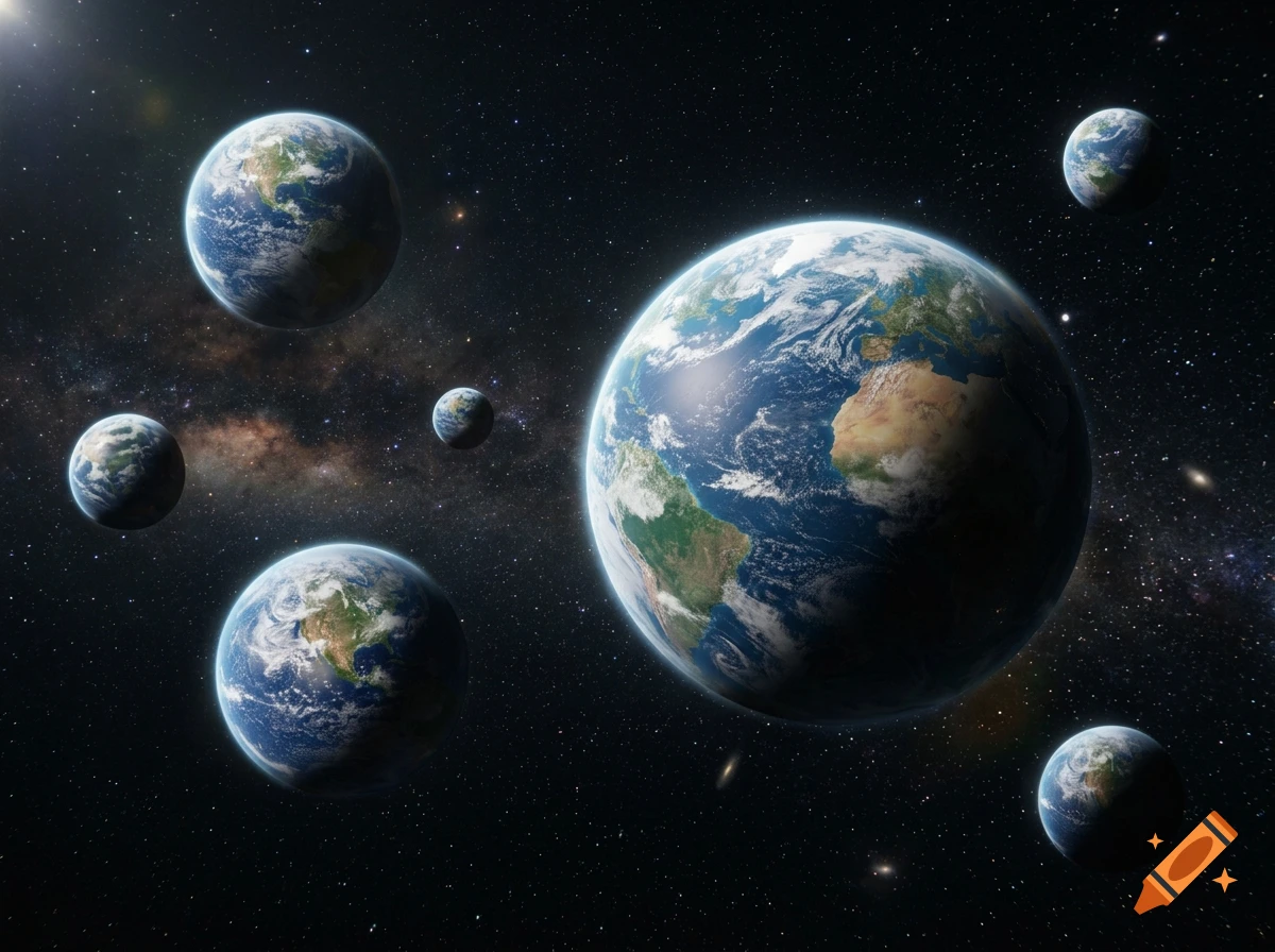 Photorealistic digital art of multiple planet Earths floating in the deep starry space.