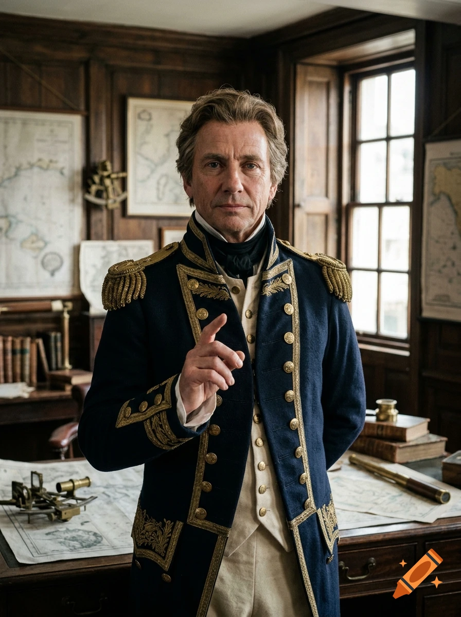 Photorealistic portrait of a kindly admiral in a historical naval uniform raising his hand in a study.