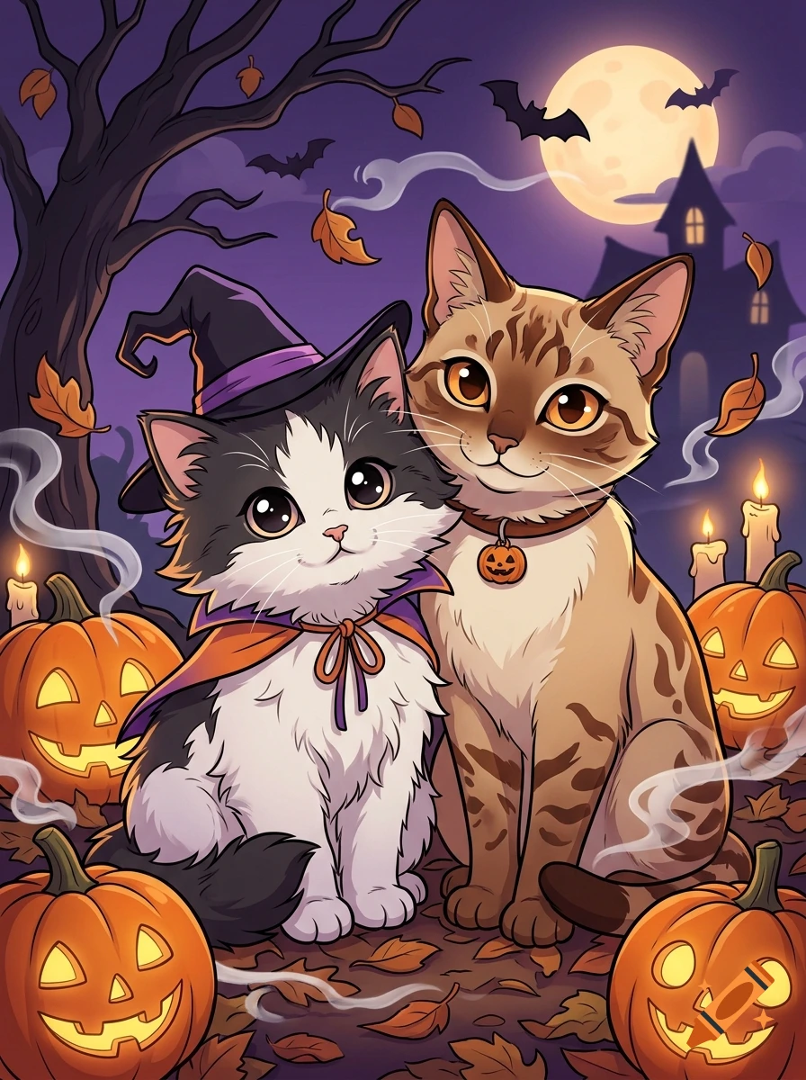 Animated illustration of a fluffy black and white kitten in a witch hat and a tan cat sitting among jack-o-lanterns.