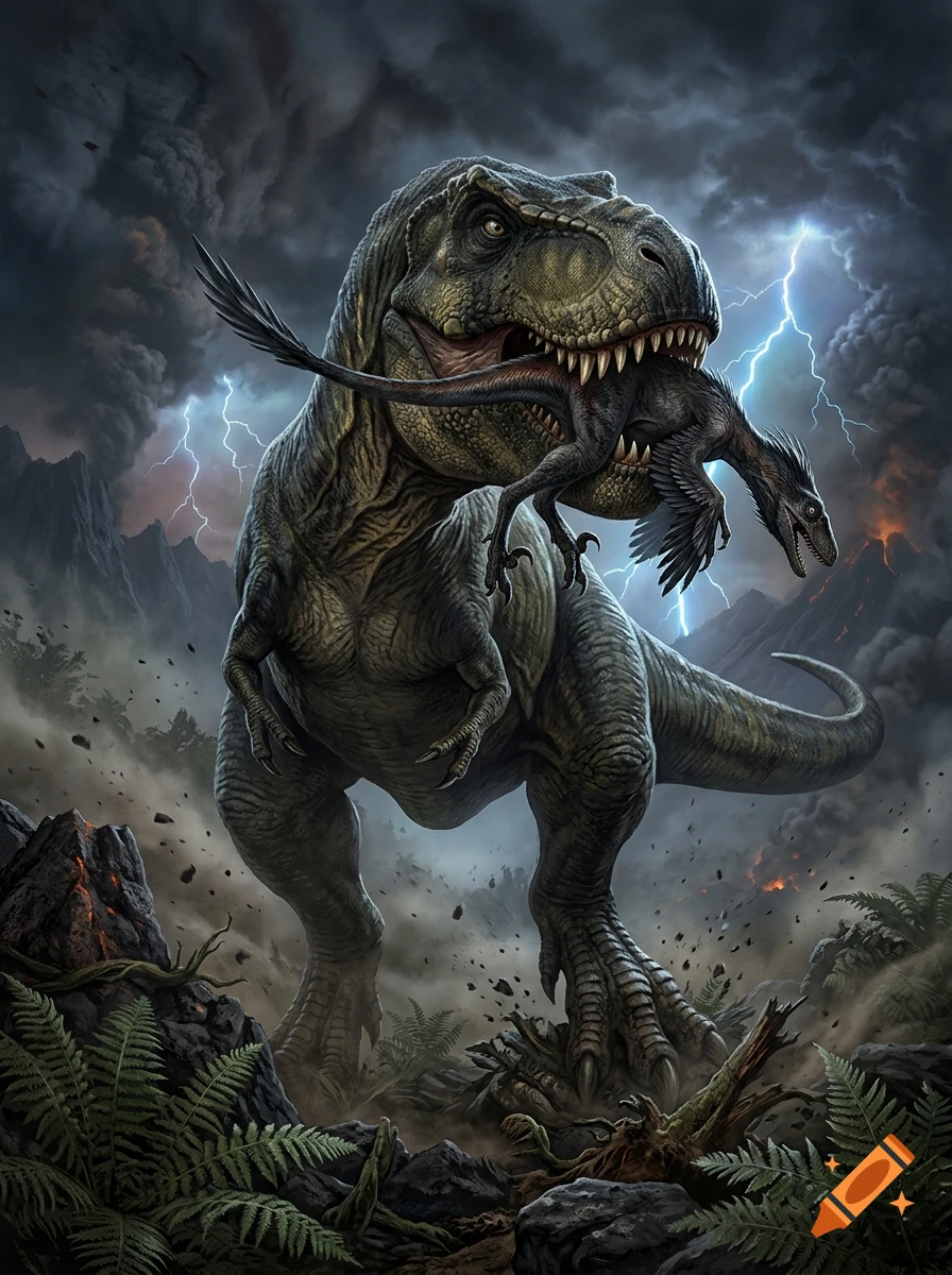 A realistic digital painting of a T. rex holding a velociraptor in its mouth amidst a stormy volcanic landscape with lightning.