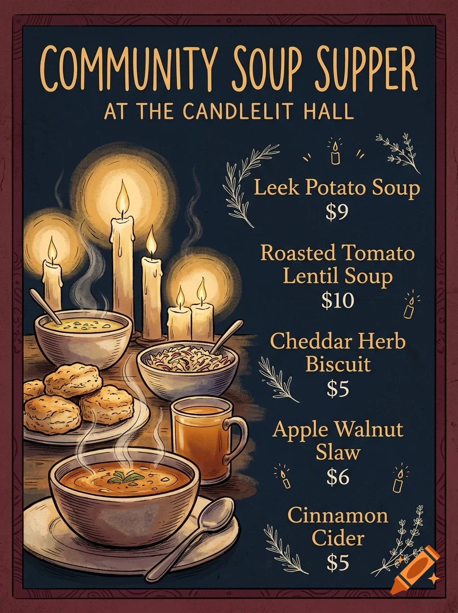 An illustrated poster for a community soup supper featuring candles, bowls of soup, biscuits, a mug of cider, and menu items with prices.