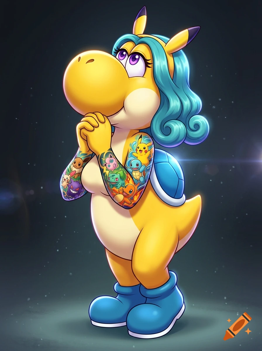 Digital illustration of a female yellow Yoshi with turquoise hair, Pikachu ears headband, blue boots, and Pokemon sleeve tattoos.