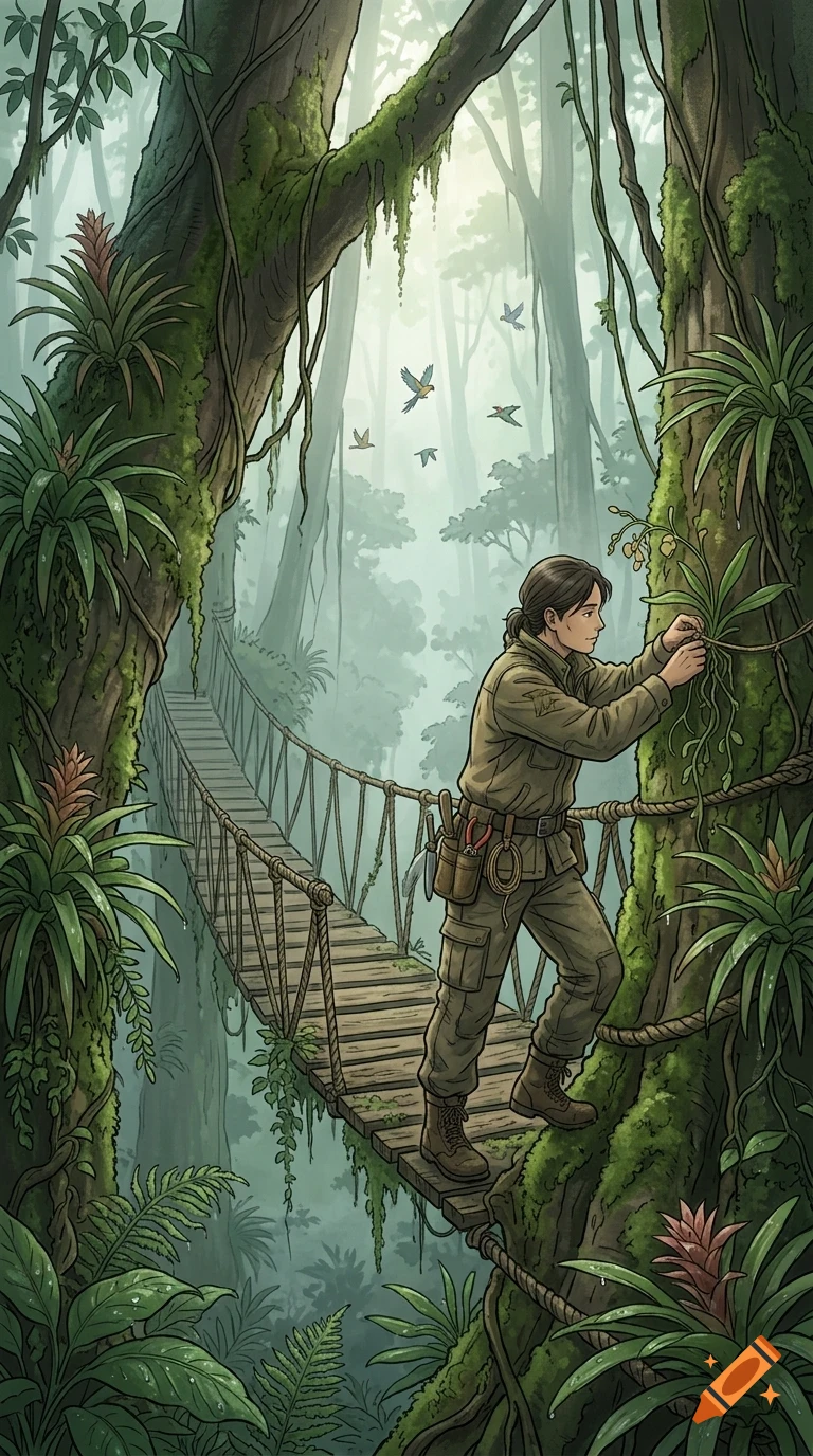 An illustration of a person on a rope bridge in a lush, misty forest, examining plants on a large tree.