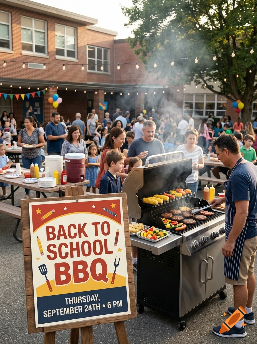 Photorealistic scene of a community back to school BBQ with people gathered, a grill, and a sign.