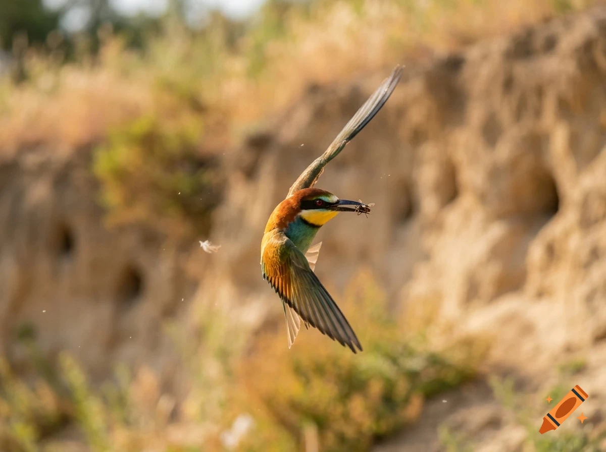 A colorful bee-eater bird in flight, holding an insect in its beak against a blurred natural background.