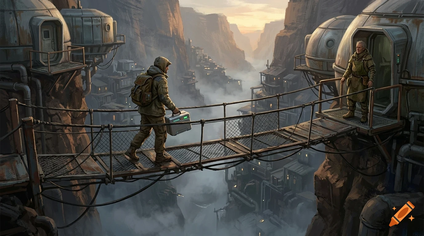 An illustrated view of two people crossing a suspension bridge between futuristic dome-like cliff dwellings in a deep canyon.