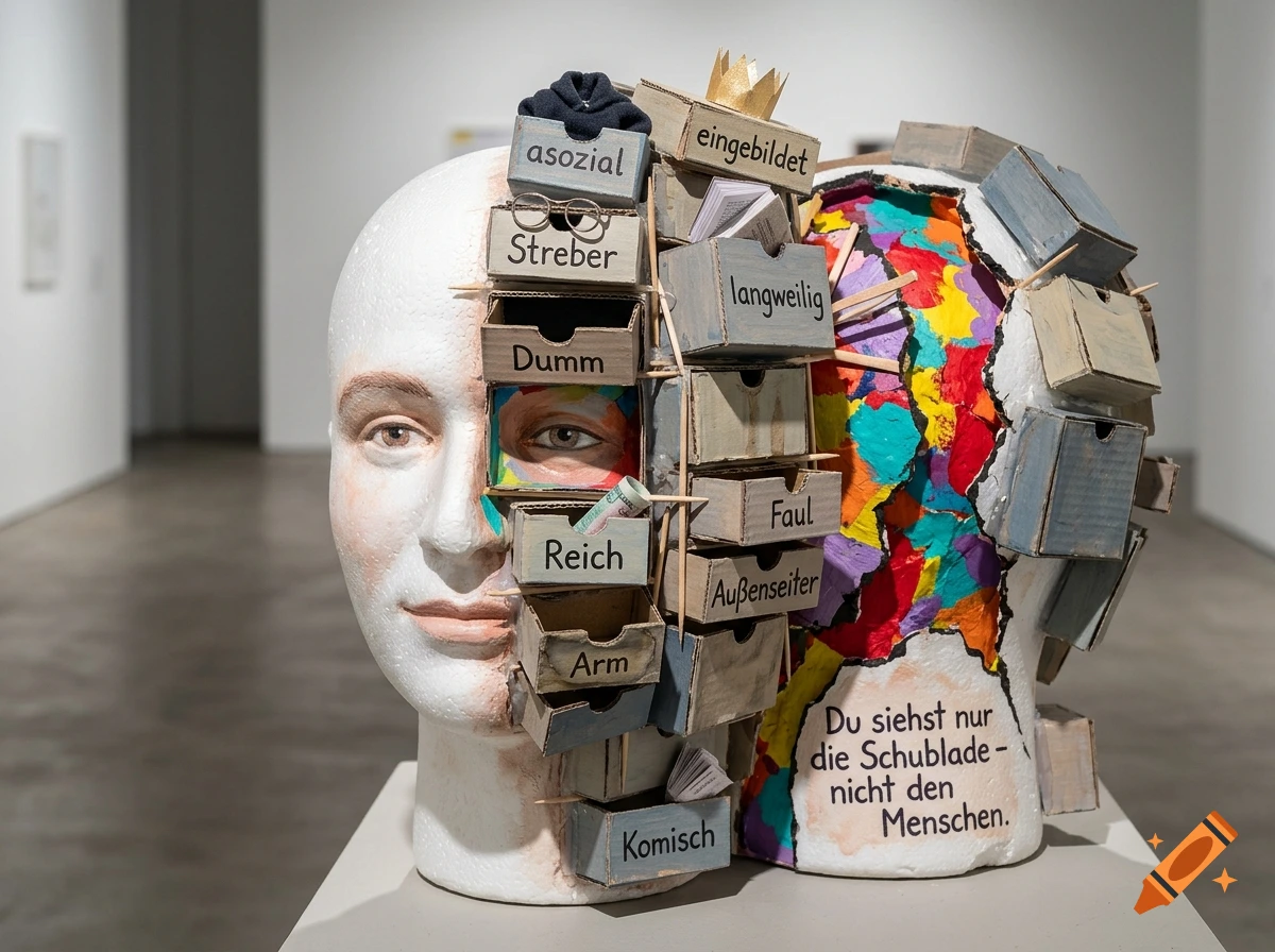 Sculpture of a human head made of styrofoam and cardboard drawers with German prejudice labels, in a museum setting.