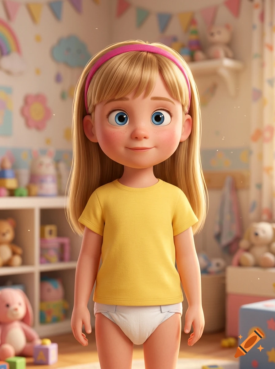 Pixar-style animated 5-year-old girl with blonde hair and a yellow t-shirt in a nursery.