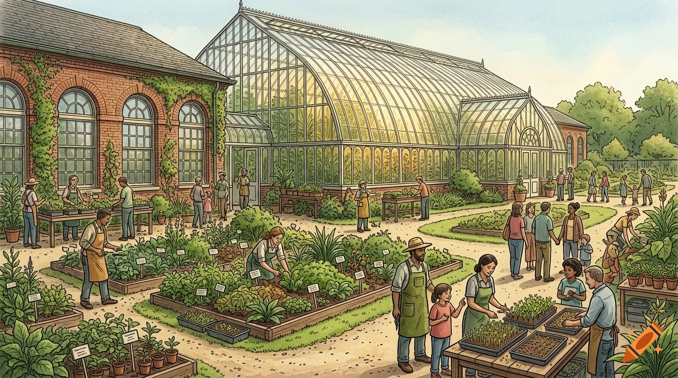 An illustrated outdoor scene of a large botanical garden and greenhouse with many people working and visiting.